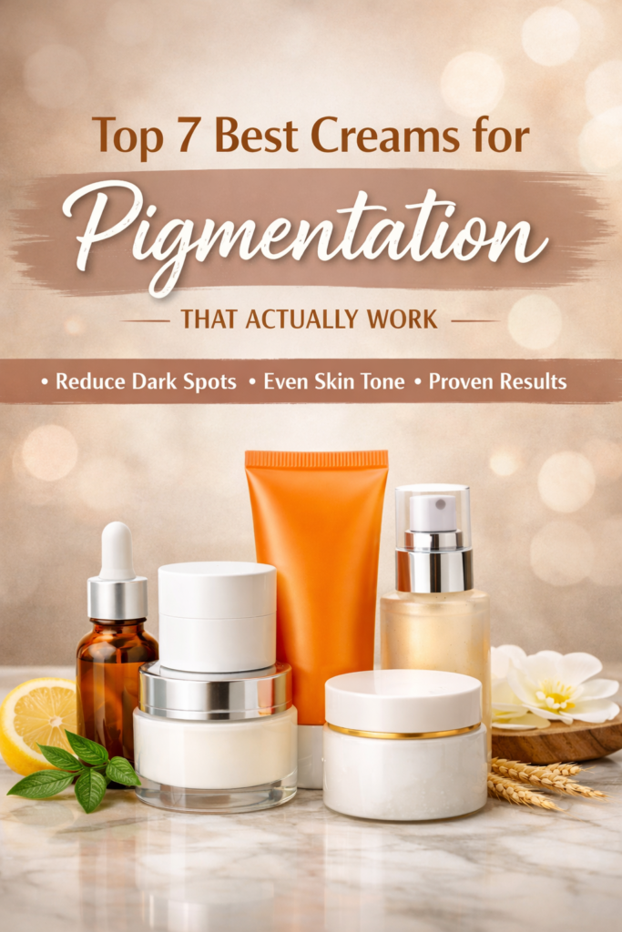 Which Cream is Best for Pigmentation – Top 7 Creams That Work Which cream is best for pigmentation – top 7 skincare creams to reduce dark spots and even skin tone displayed on a marble background