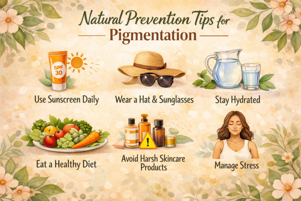Natural Prevention Tips for Pigmentation infographic showing sunscreen use, staying hydrated, healthy diet, stress management, and avoiding harsh skincare products