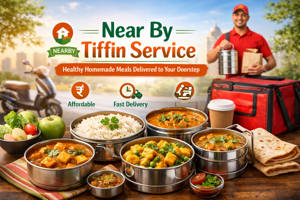 Near By Tiffin Service promotional banner showing healthy homemade Indian meals in tiffin boxes, a delivery person, and icons highlighting affordable pricing and fast delivery.