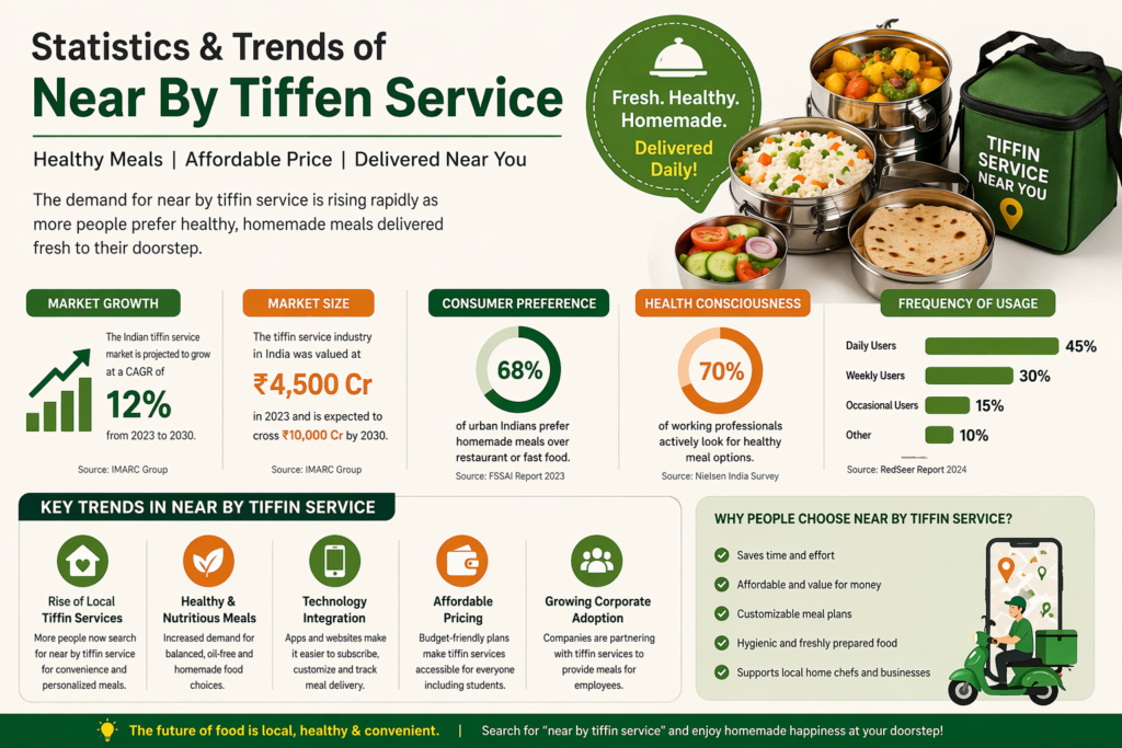Infographic showing statistics and trends of near by tiffin service, including market growth, consumer preferences, healthy meal demand, and affordable food delivery insights.